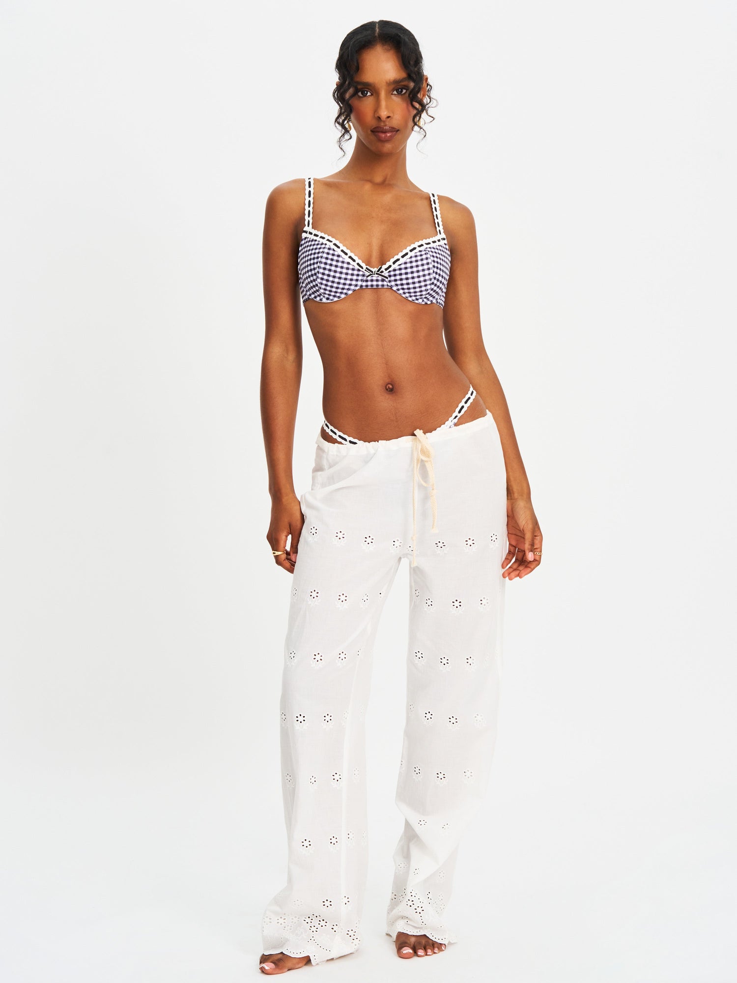 Genevia Gingham Lace Decoration Bikini Bottom | Geneva Gingham