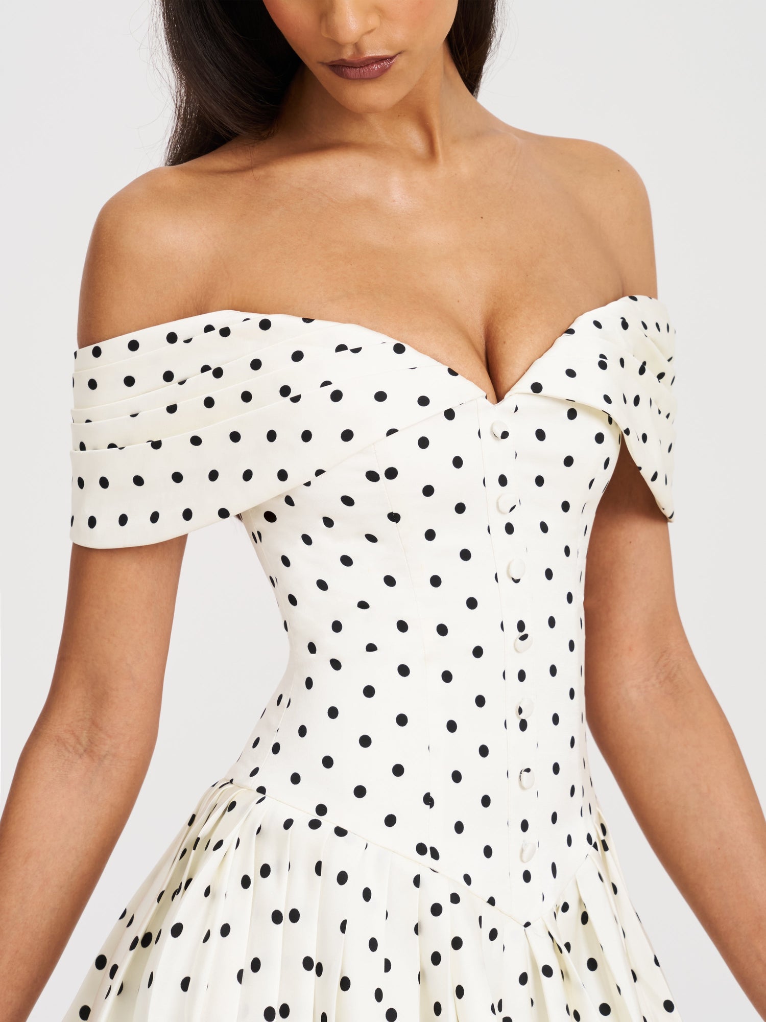 Edeline Polka Dot Off-shoulder Pleated Mini Dress | Black and White Polka Dot