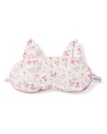 The Kids Kitty Sleep Mask in Dorset Floral by Petite Plume features pink flowers and cat ears, making it the perfect monogrammed gift for those who love whimsy in their sleep routine.