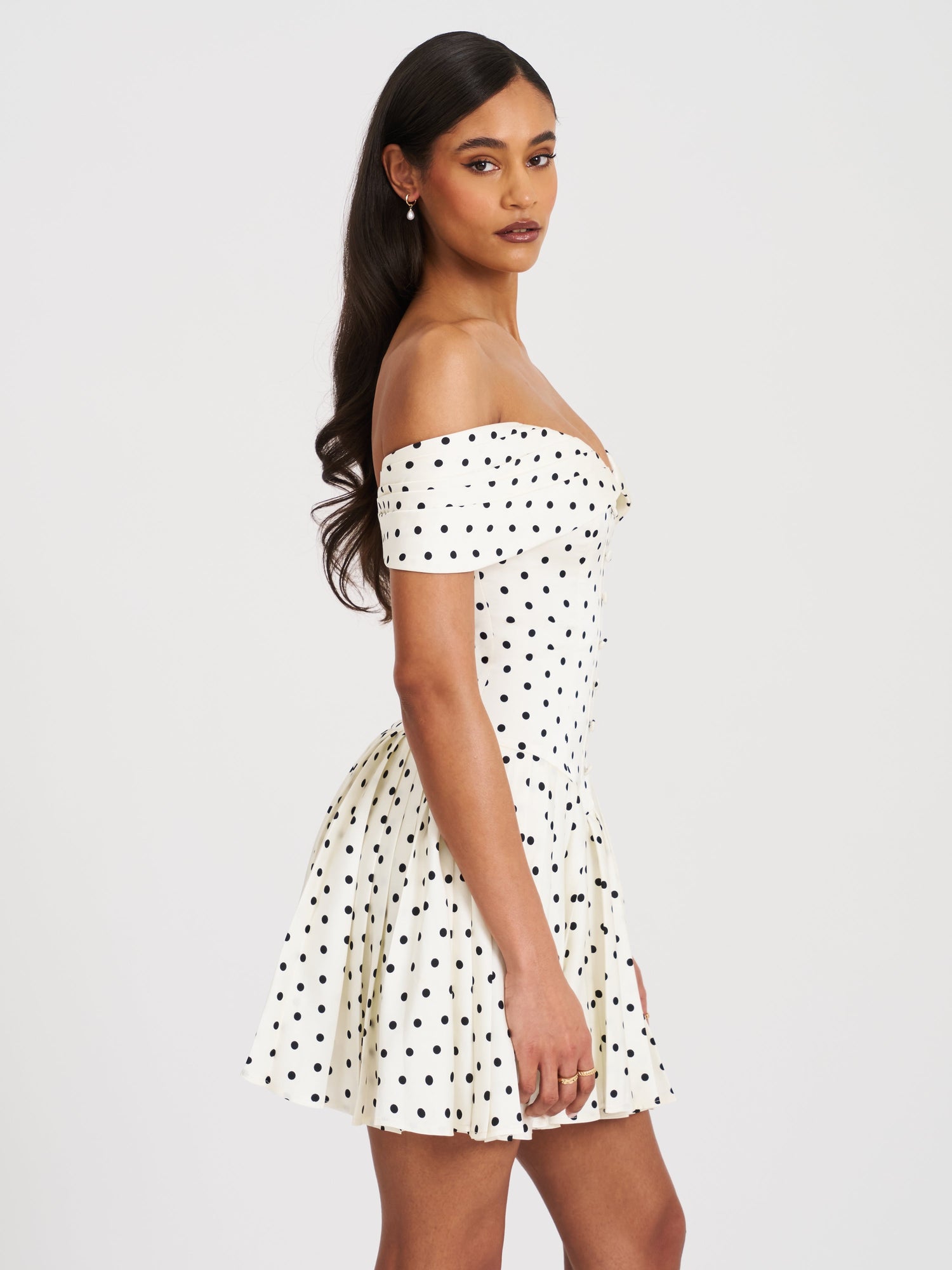 Edeline Polka Dot Off-shoulder Pleated Mini Dress | Black and White Polka Dot