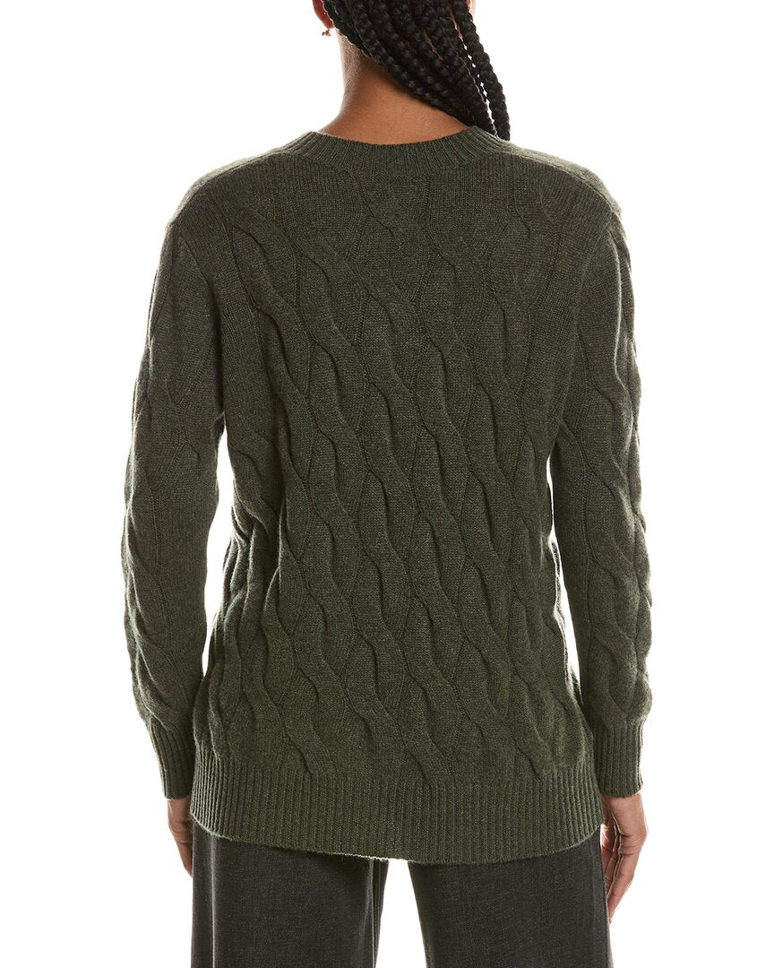 Forte Cashmere | Womens | Long Cable V-Neck Cashmere Sweater | Green