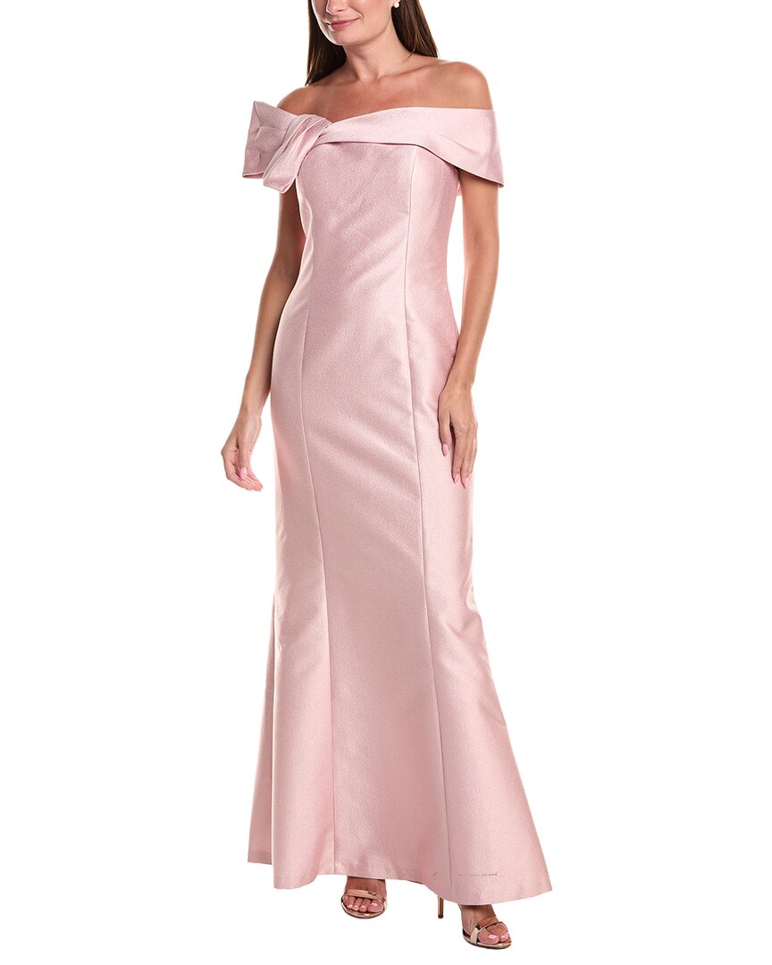 Teri Jon by Rickie Freeman | Womens | Metallic Jacquard Asymmetrical Neck Bow Shoulder
Gown | Pink