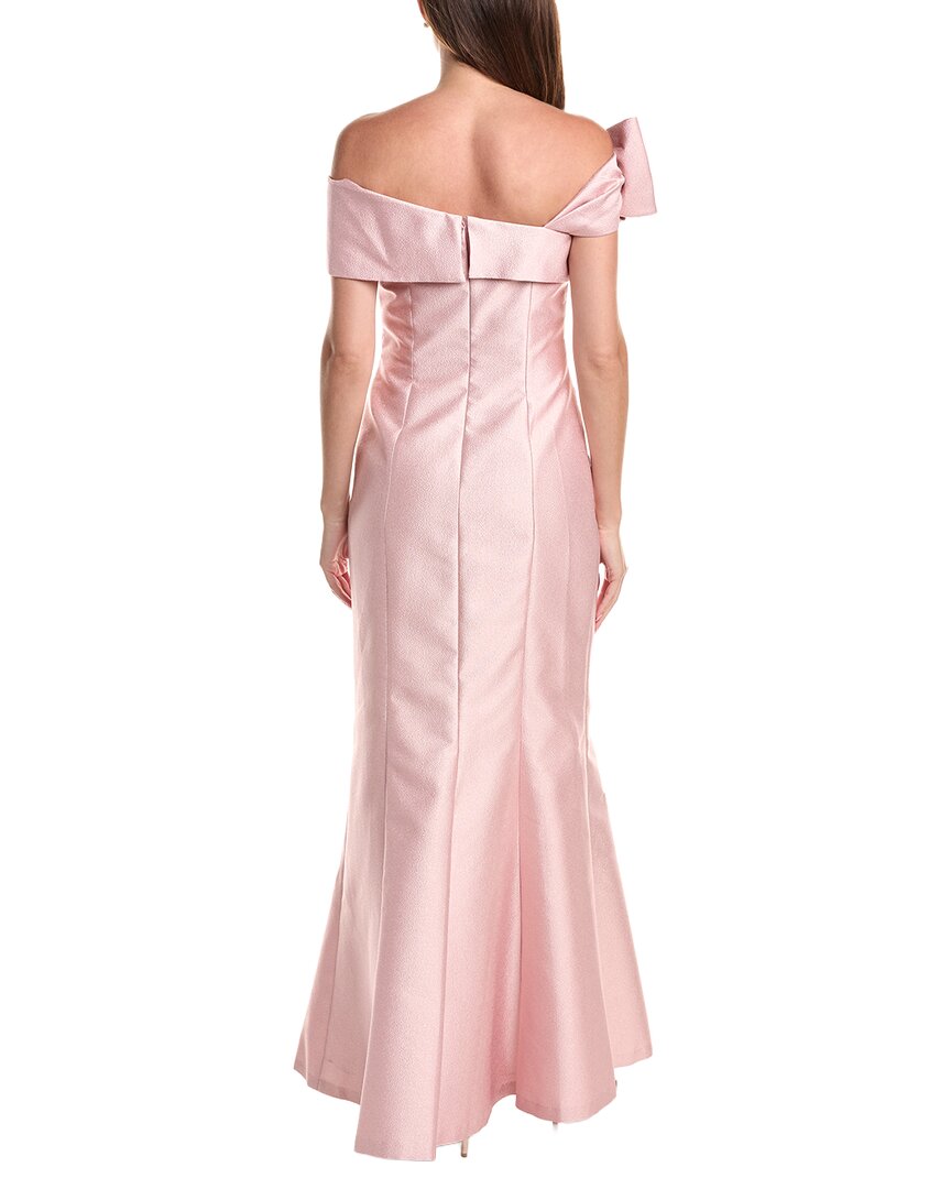 Teri Jon by Rickie Freeman | Womens | Metallic Jacquard Asymmetrical Neck Bow Shoulder
Gown | Pink