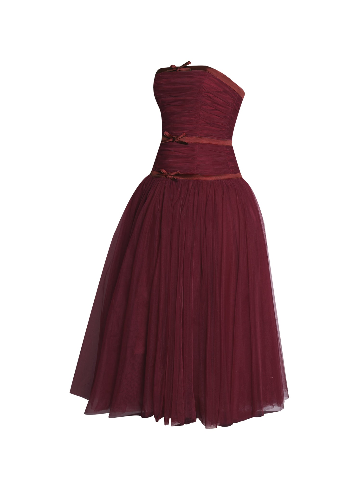 Mabel Drop Waist Layered Mesh Midi Puffy Dress with Bow | Burgundy