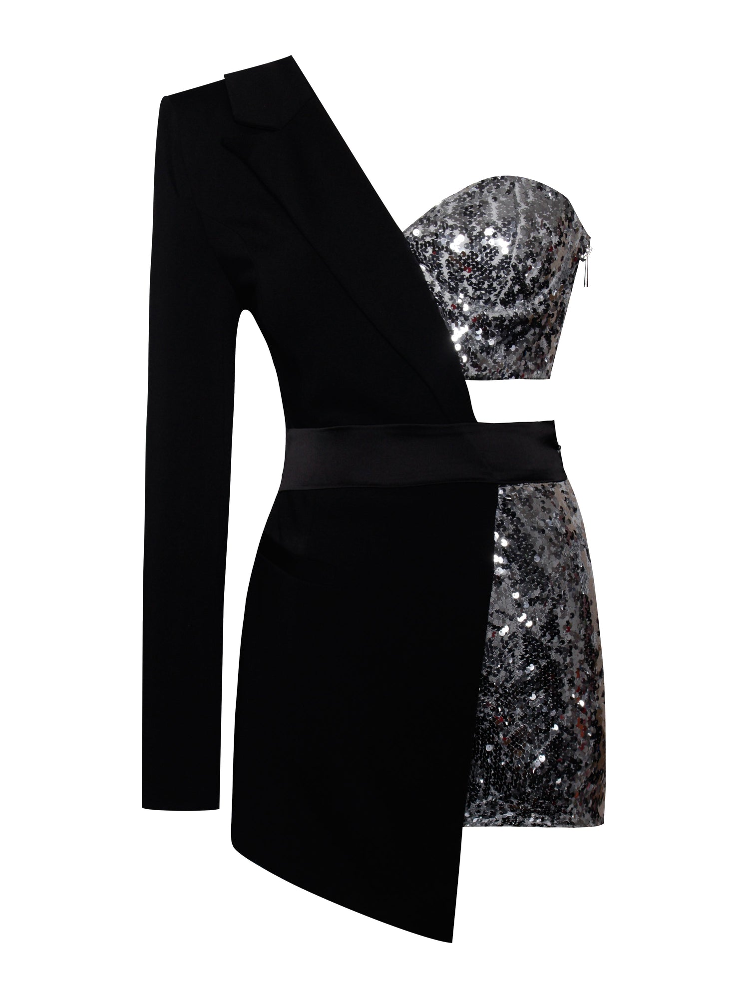 Skylynn Sequin One Sleeve Blazer Romper | Black