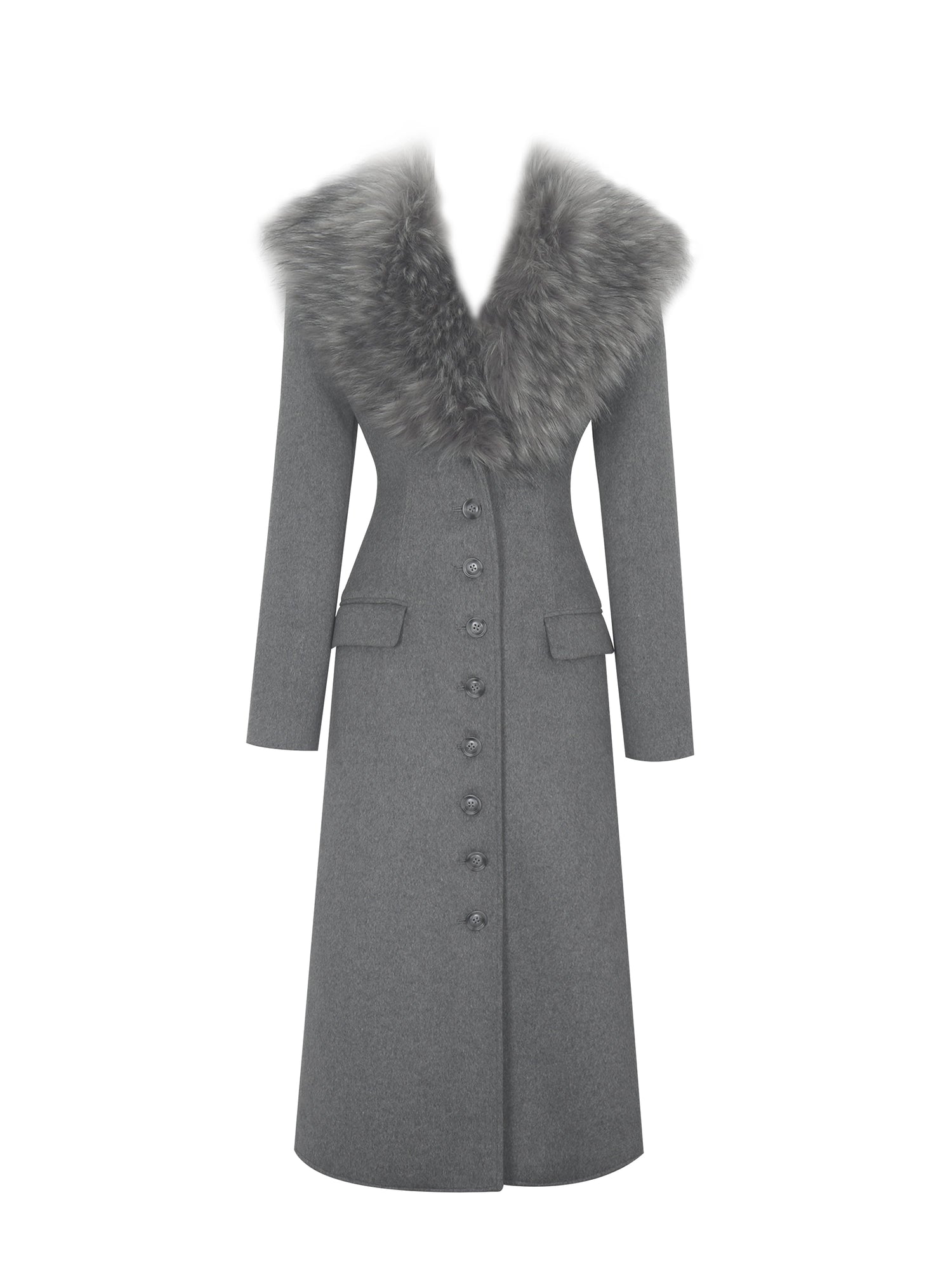 Faye Wool Blend Single-Breasted Coat with Removable Faux Fur Collar | Grey