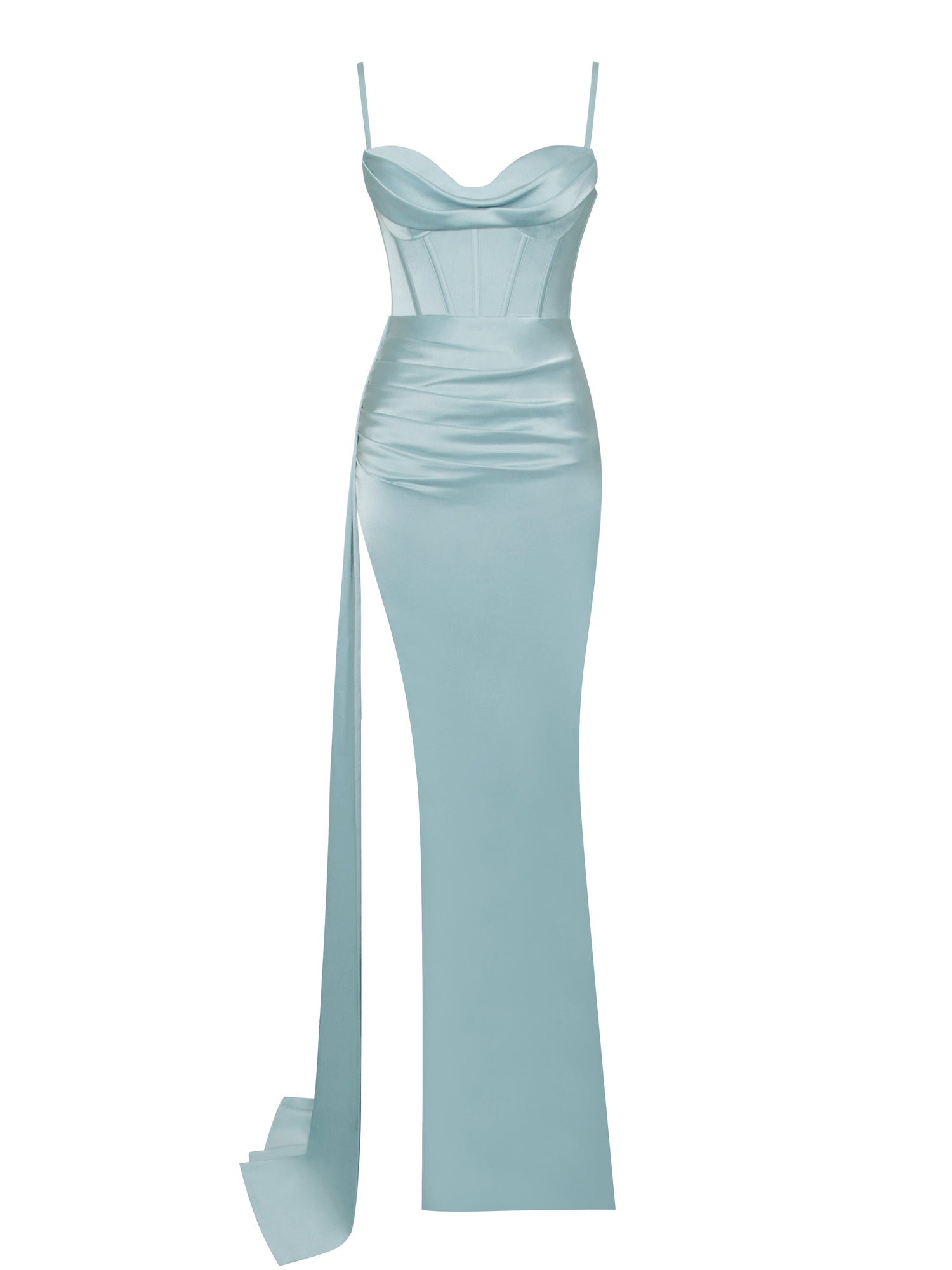 Elayna Strappy Satin Corset High Slit Gown | Pale Blue