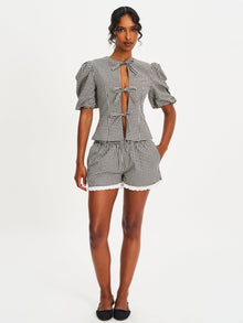 Qusayla Cotton Bubble Sleeve Bowtie Top | Black Gingham