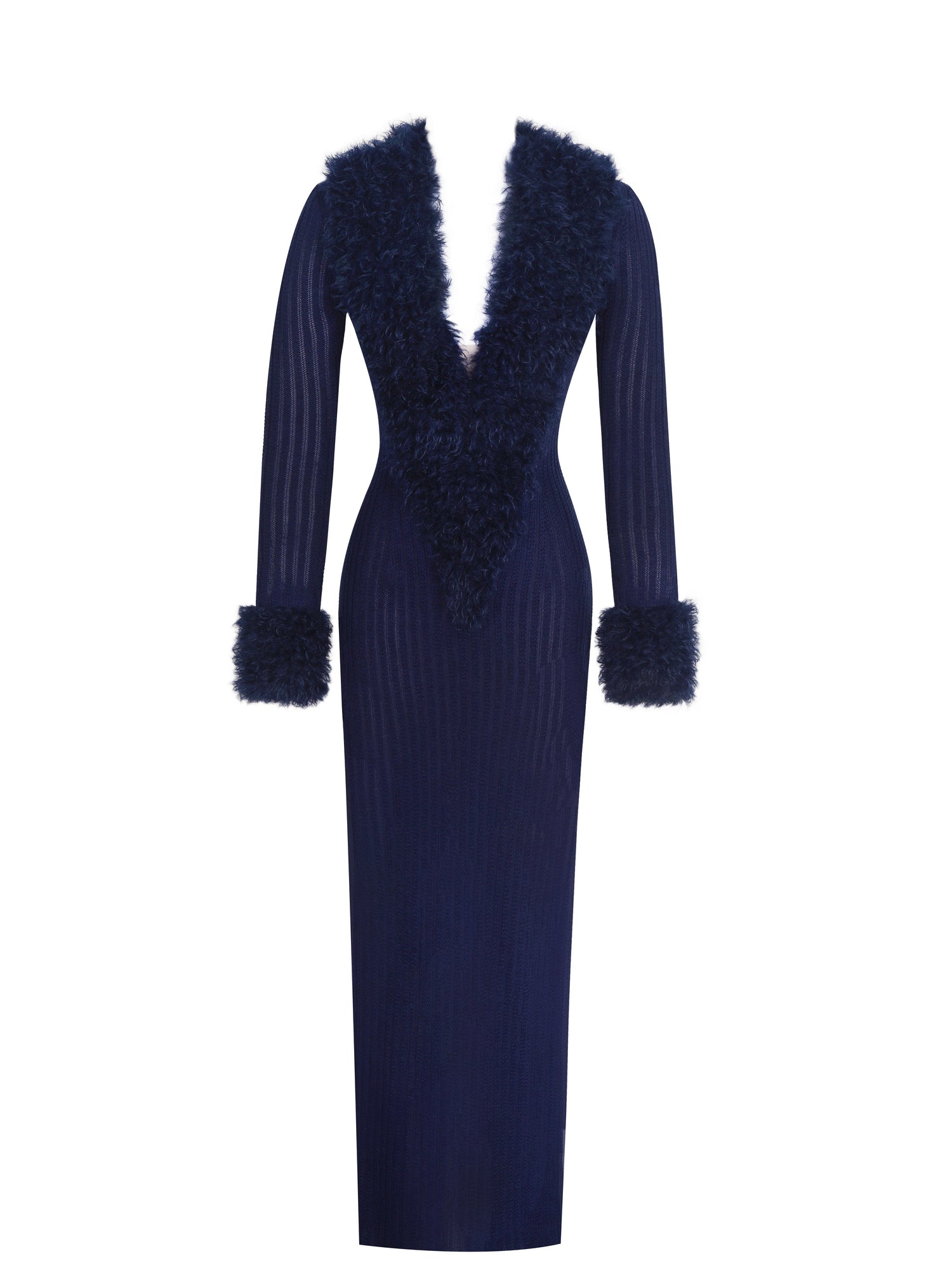 Romina Plunging Fur Trimmed Crochet Maxi Dress | Navy