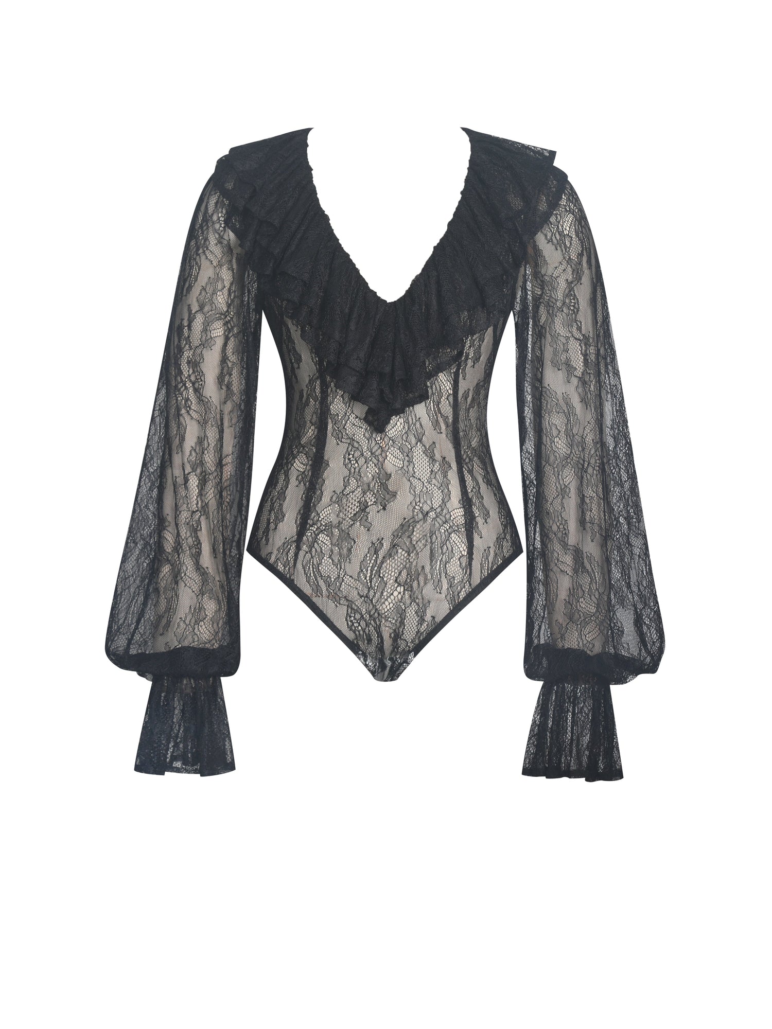 Taliah Sheer Lace Ruffled Collar Bodysuit | Black