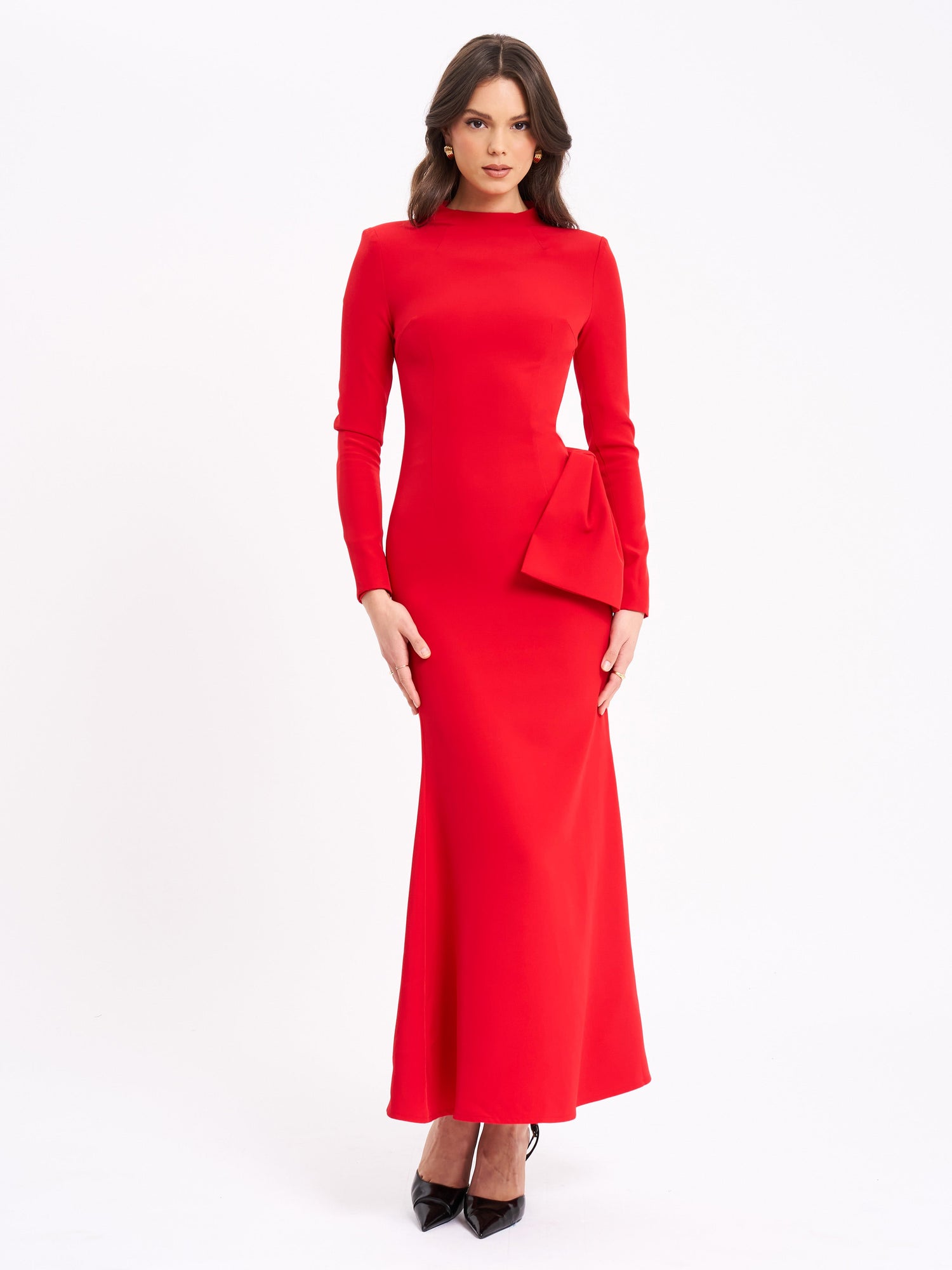 Radha Backless Longsleeve Maxi Dress with Bow | Red