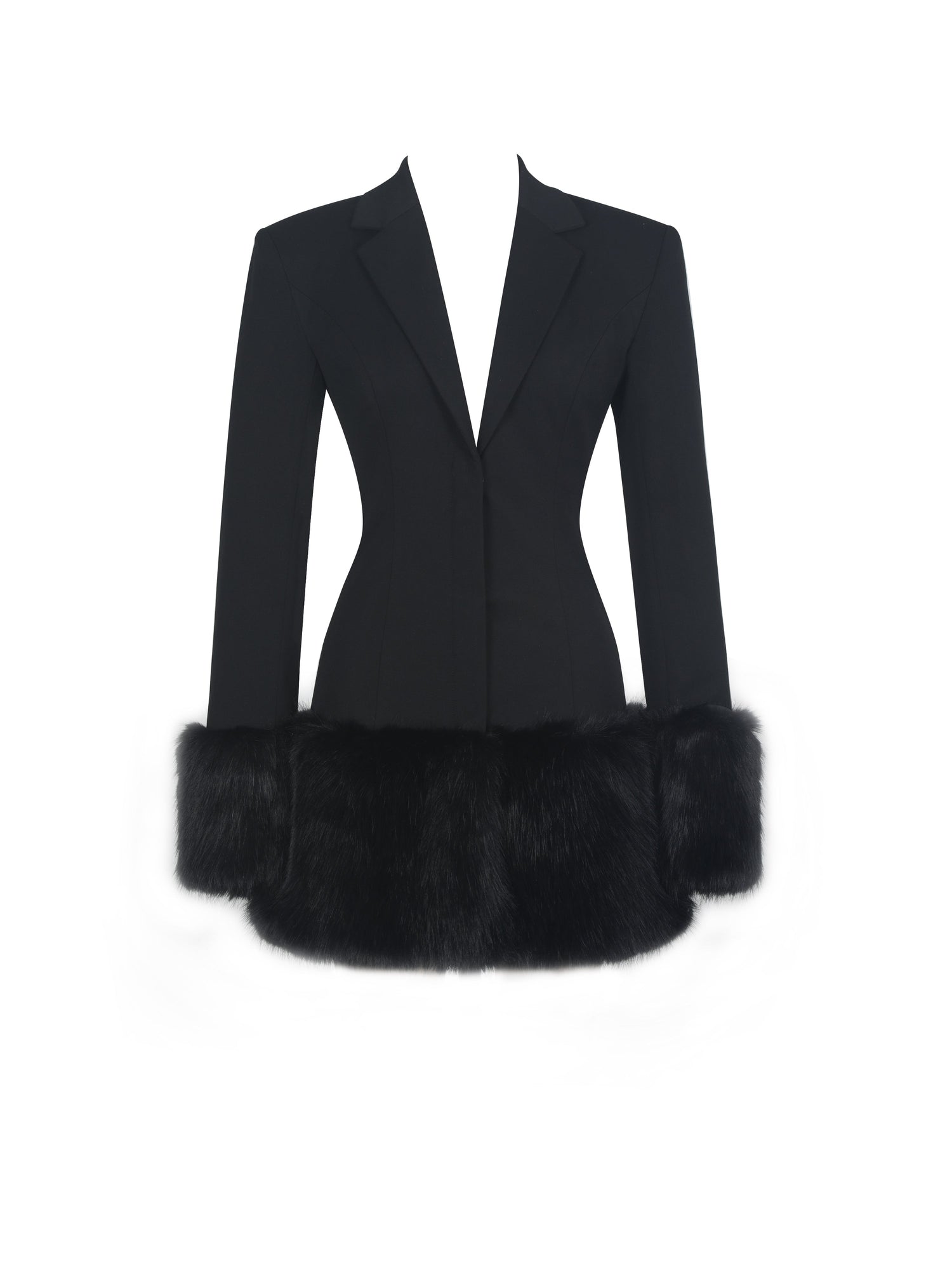 Wenona Fur Trimmed V-Neck Mini Blazer Dress | Black