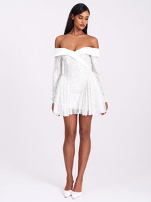 Kira Bead Embroidered Mesh Off Shoulder Long Sleeve Mini Dress | White