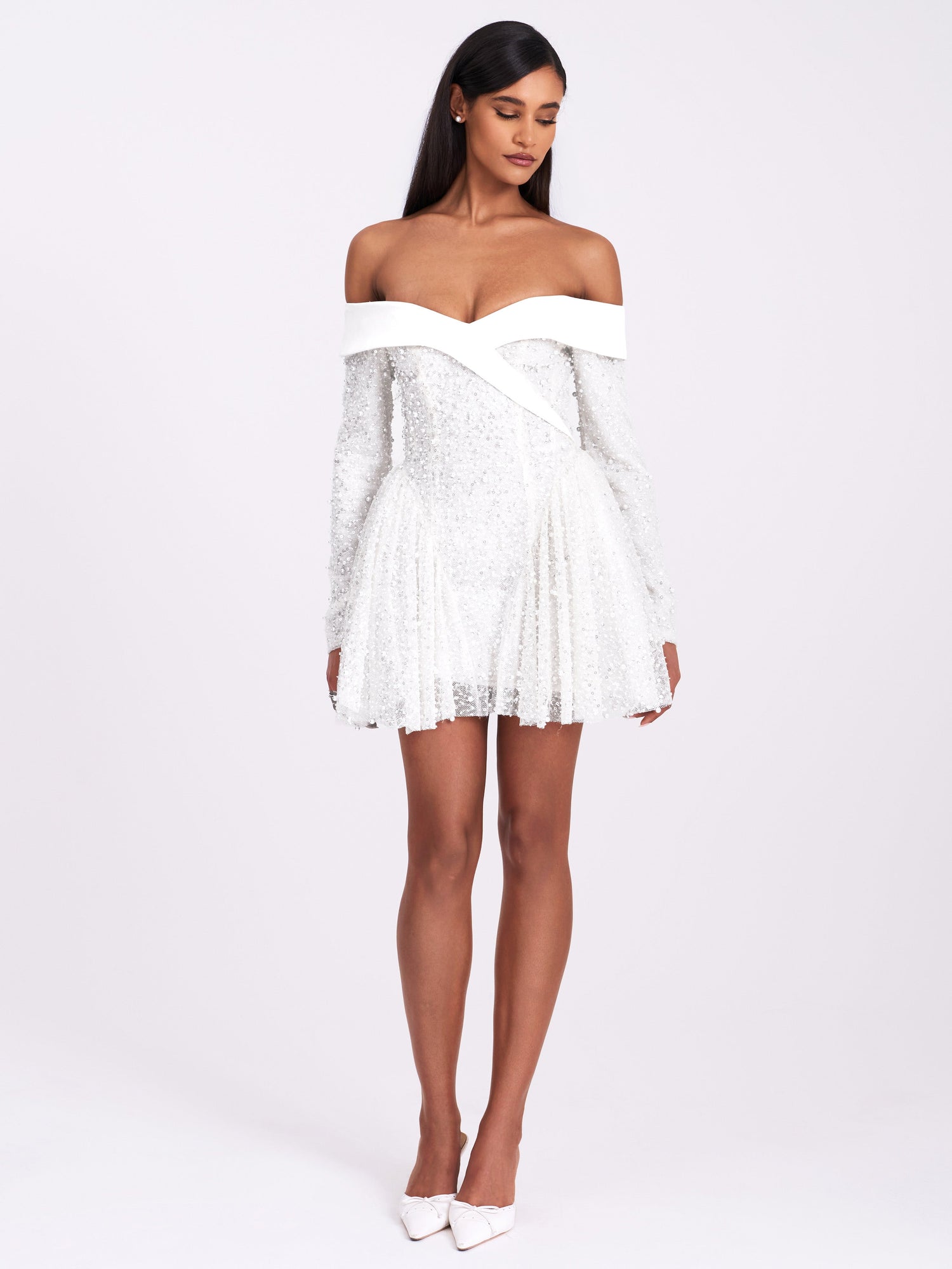 Kira Bead Embroidered Mesh Off Shoulder Long Sleeve Mini Dress | White