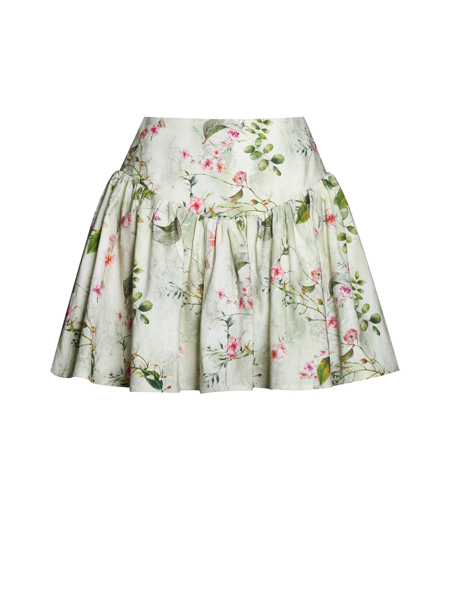 Zanelle Floral Print Drop Waist Linen Full Skirt | Green