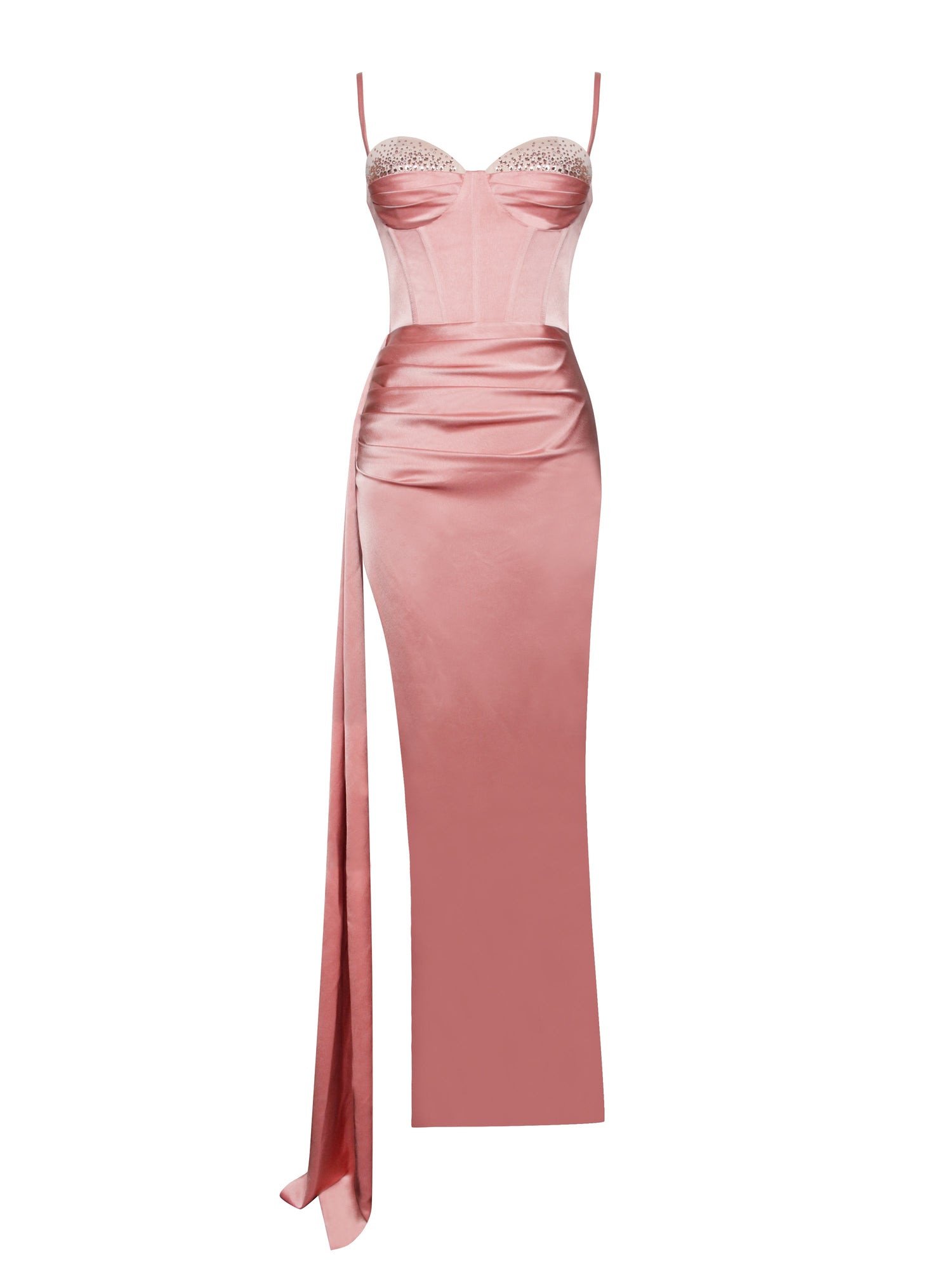 Vanity Satin High Slit Draping Corset Gown With Crystals | Blush Pink