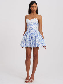 Taleah Floral Print Linen Mini Dress with Lace Trim | Blue