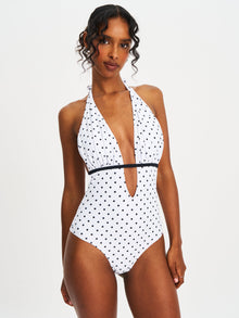 Olive Base Polka Dot Ruched Halter Backless Swimsuit | White