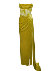 Priya Draping Corset High Slit Velvet Gown | Gold