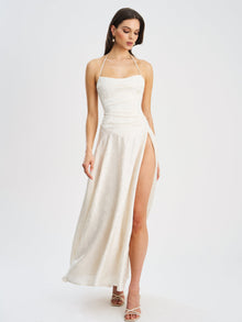 Raegan Jacquard Ruched Maxi Dress | Pearl White