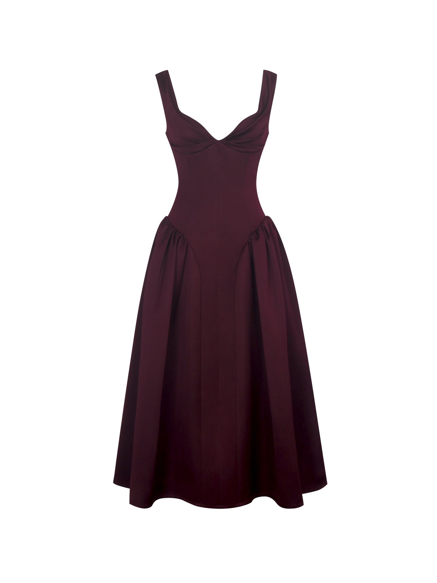 Omella Ruched Bust Sweetheart Flared Midi Dress | Burgundy