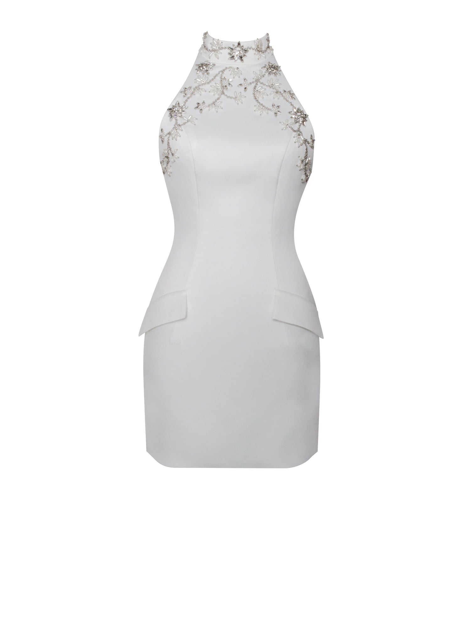 Ori Halter Neck Crystal Pearl Mini Dress | White