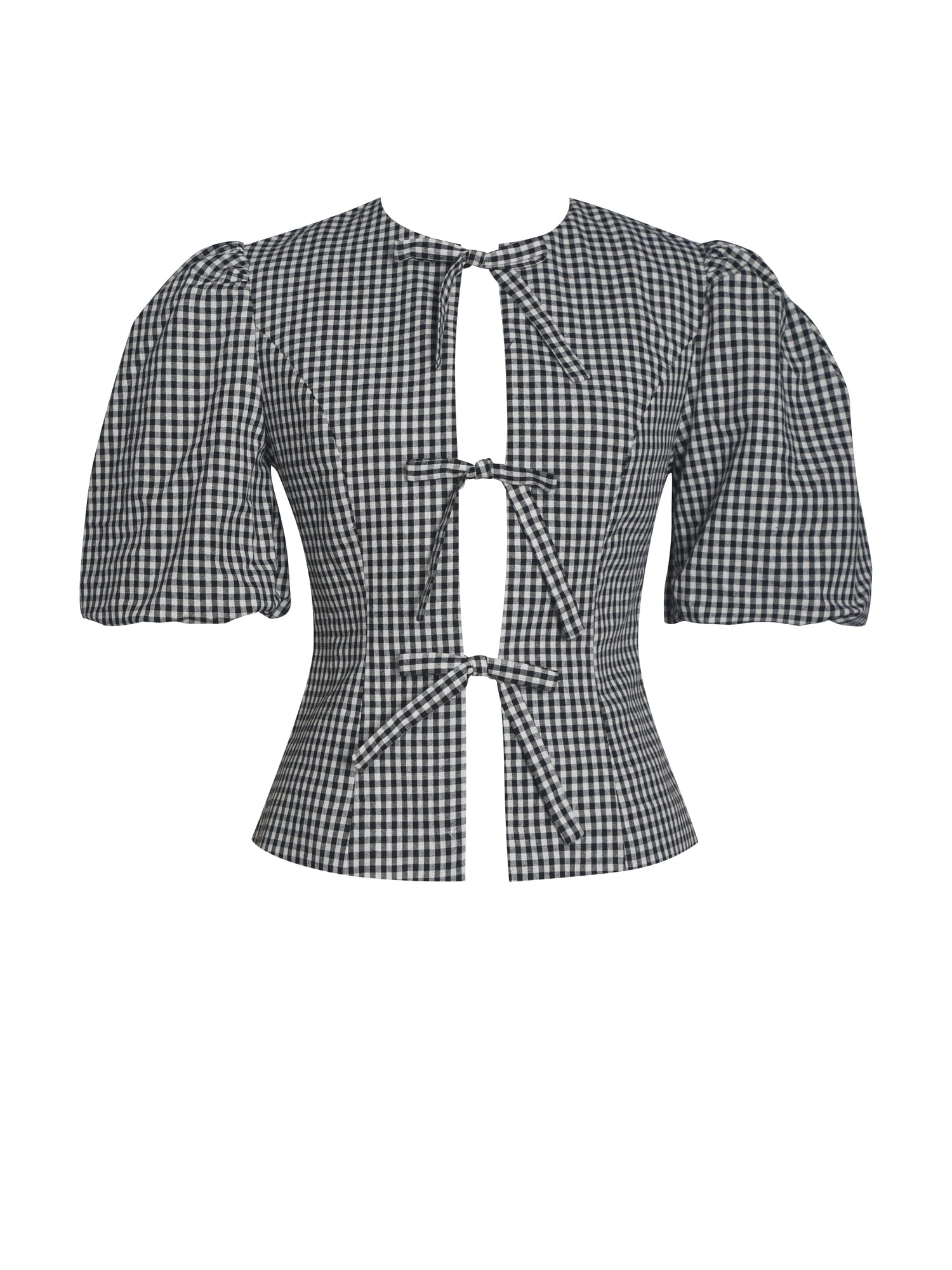 Qusayla Cotton Bubble Sleeve Bowtie Top | Black Gingham