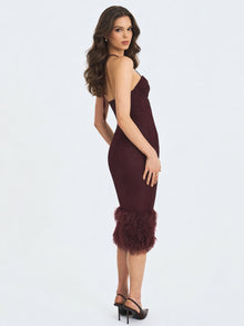 Pluma Halter Faux-Fur Trimmed Midi Dress | Maroon