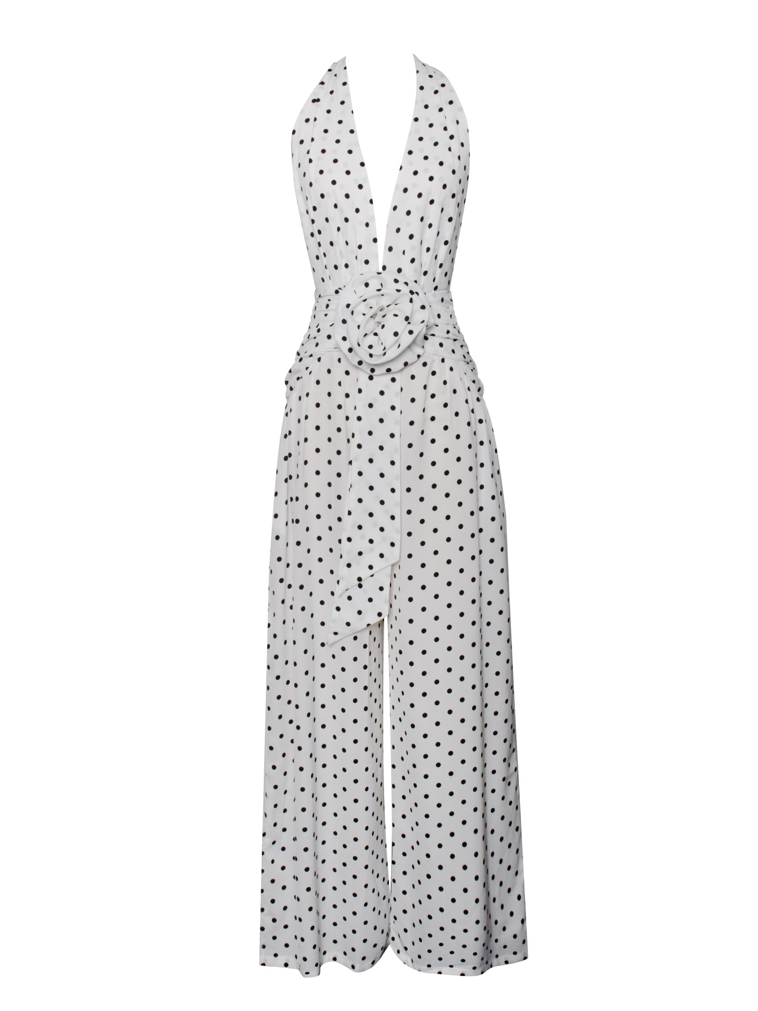 Oriana Halter Jumpsuit | White Polka Dots