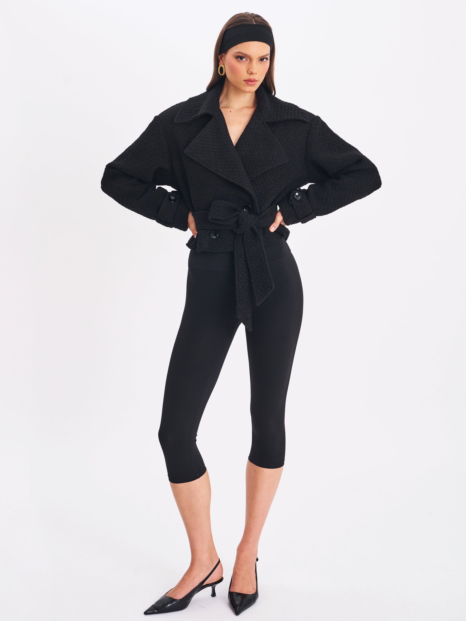 Dara Wool Blend Cropped Double-Breasted Belted Coat | Black
