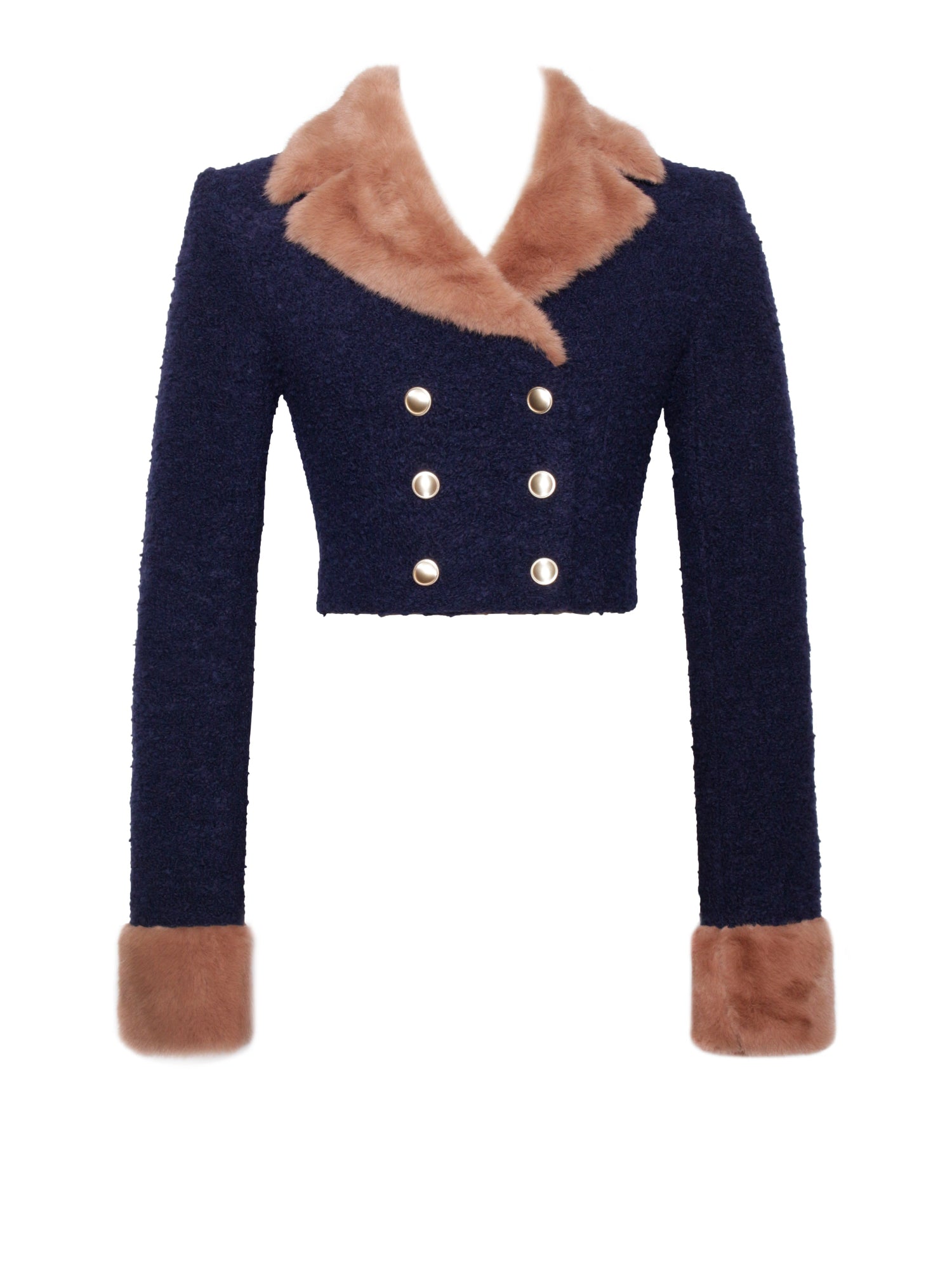 Wava Double Breast Fur Trim Cropped Boucle Wool Jacket | Navy Blue