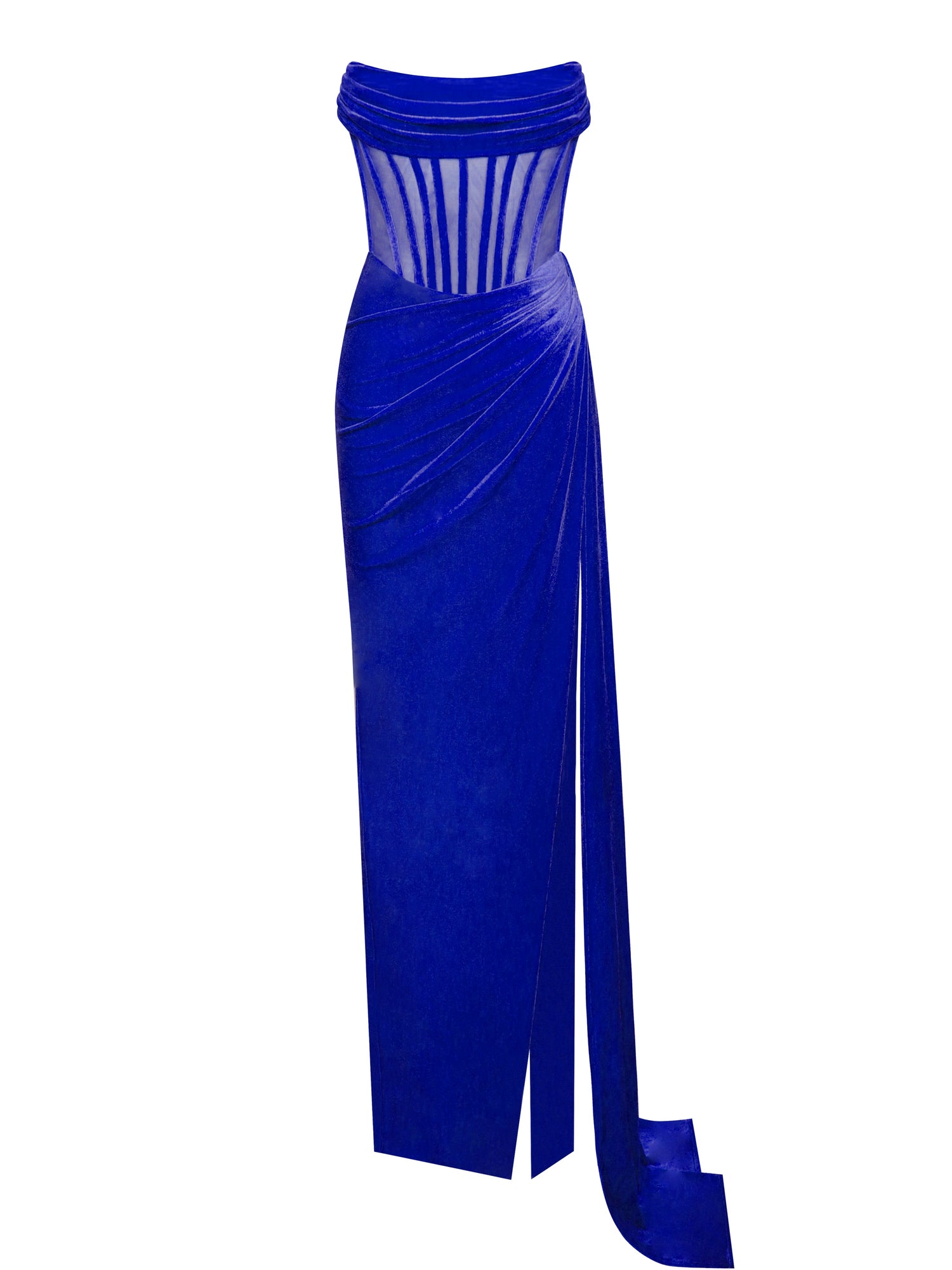 Priya Draping Corset High Slit Velvet Gown | Royal Blue