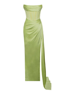 Prisa High Slit Satin Corset Gown | Lime
