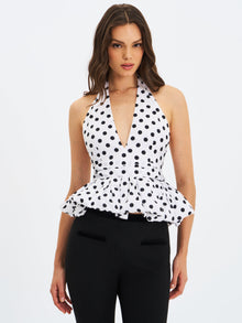 Ilene Polka Dot Cotton Poplin Bubble Hem Halter Top | Black and White Polka Dot