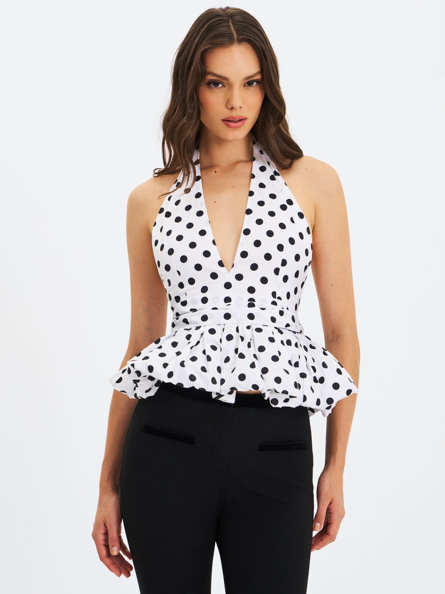 Ilene Polka Dot Cotton Poplin Bubble Hem Halter Top | Black and White Polka Dot