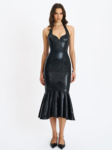 Gardenia Leather Midi Sweetheart Halter Flared Dress | Black