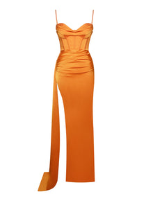 Elayna Strappy Satin Corset High Slit Gown | Orange