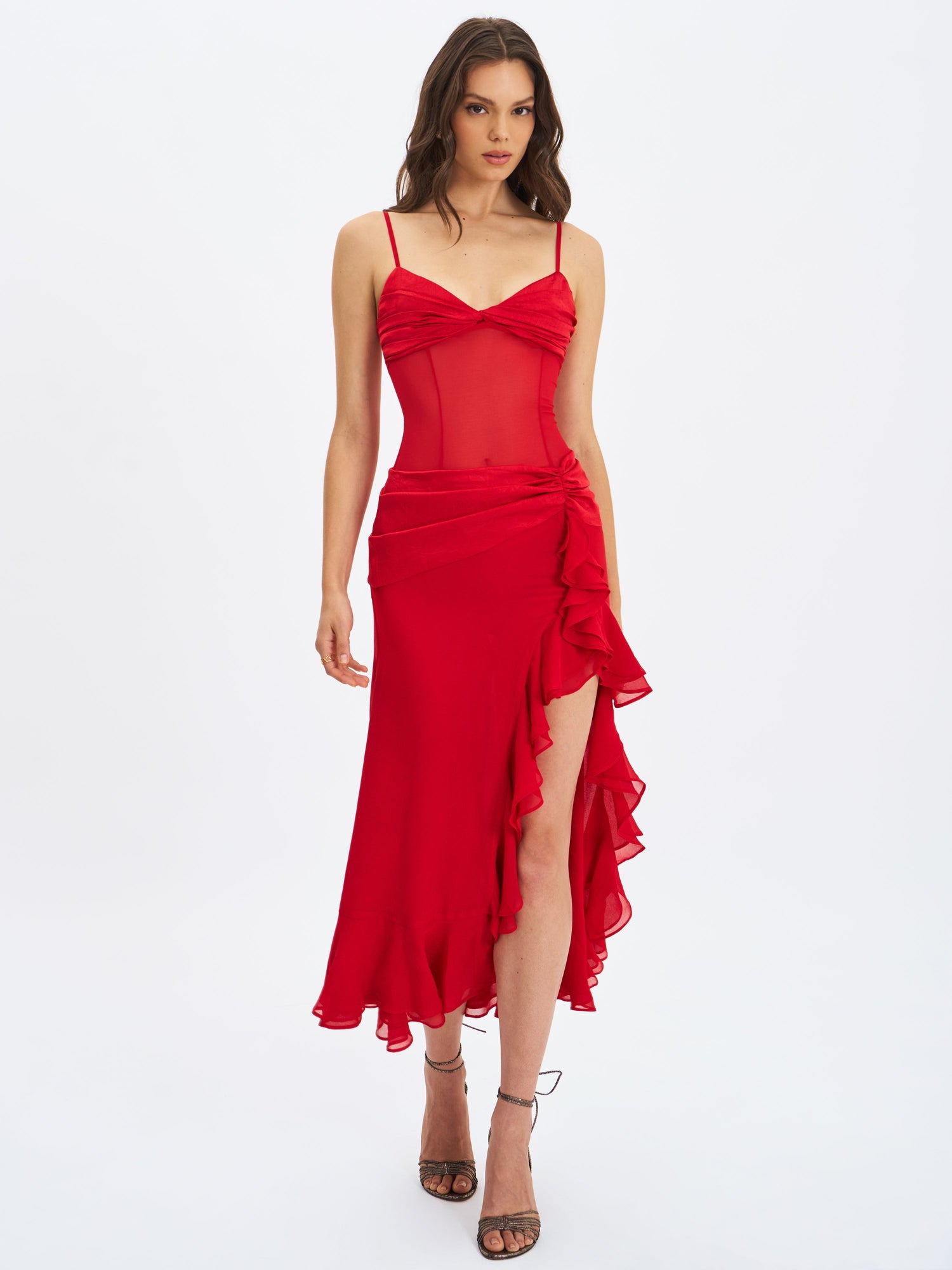 Dahlina Ruched Waist High Slit Midi Dress | Red