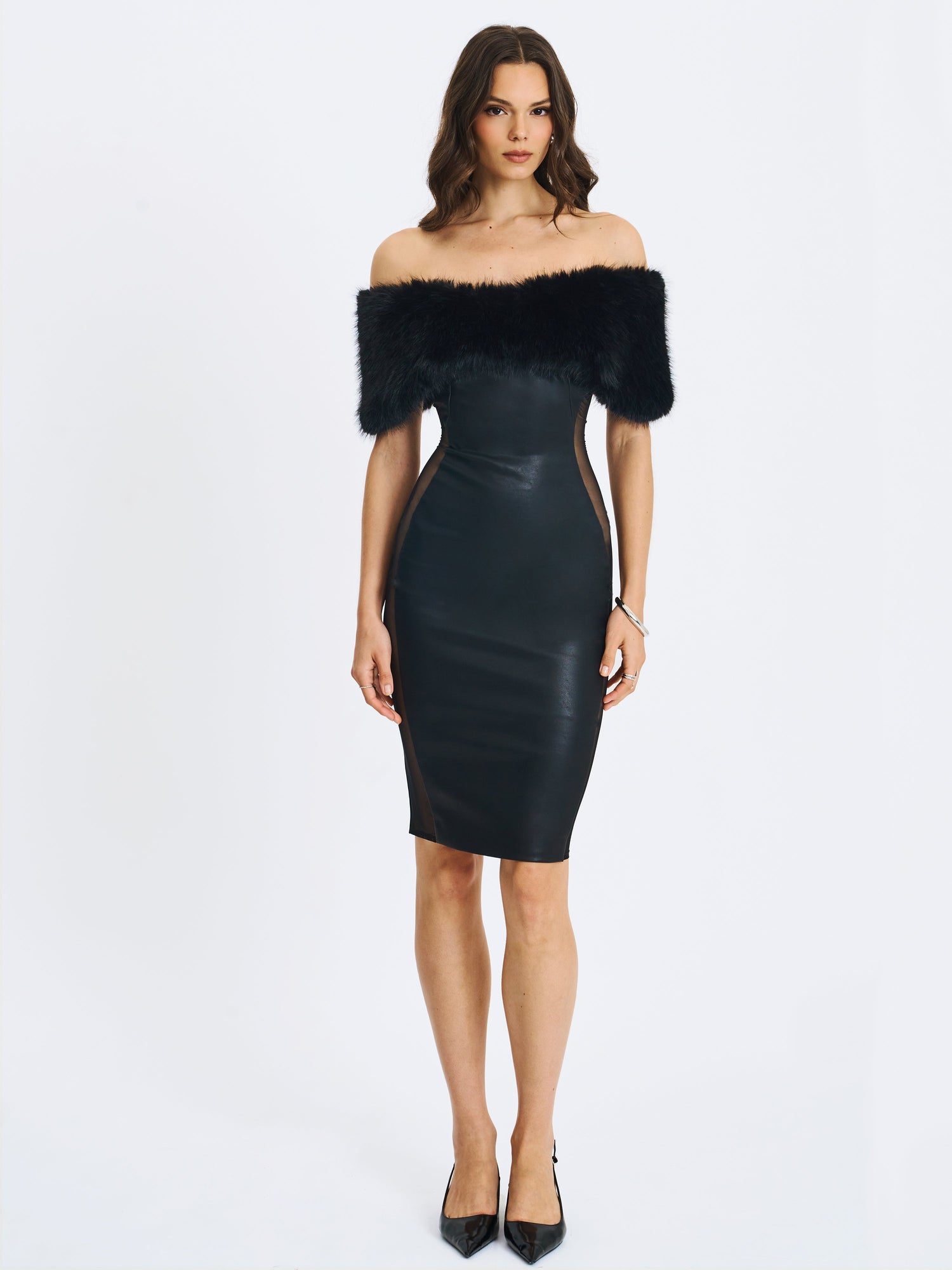 Bellis Fur Trim Mesh Panel Off-Shoulder Midi Dress | Black