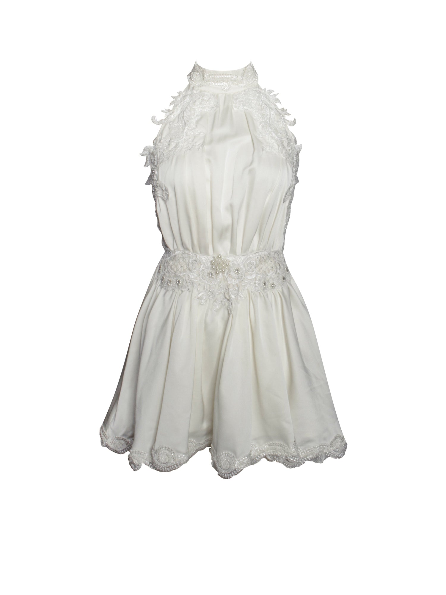 Idalia Beaded Lace Trim Backless Halter Mini Dress | Pearl White