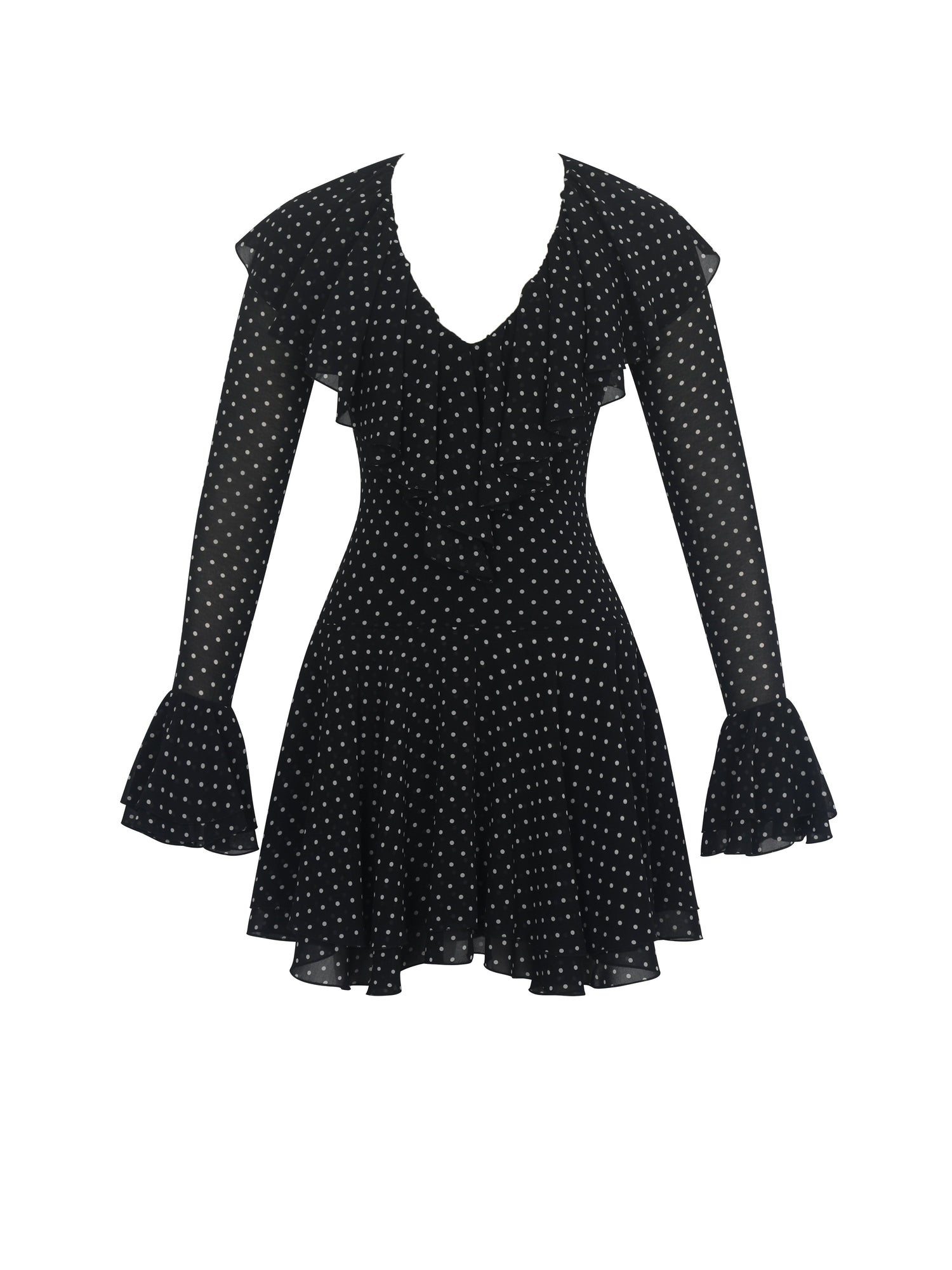 Omari Chiffon Polka Dot Ruffled Neckline Mini Dress | Black
