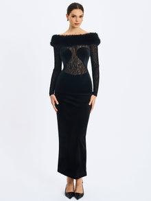 Alexis Velvet Animal Print Fur Boatneck Maxi Dress | Black