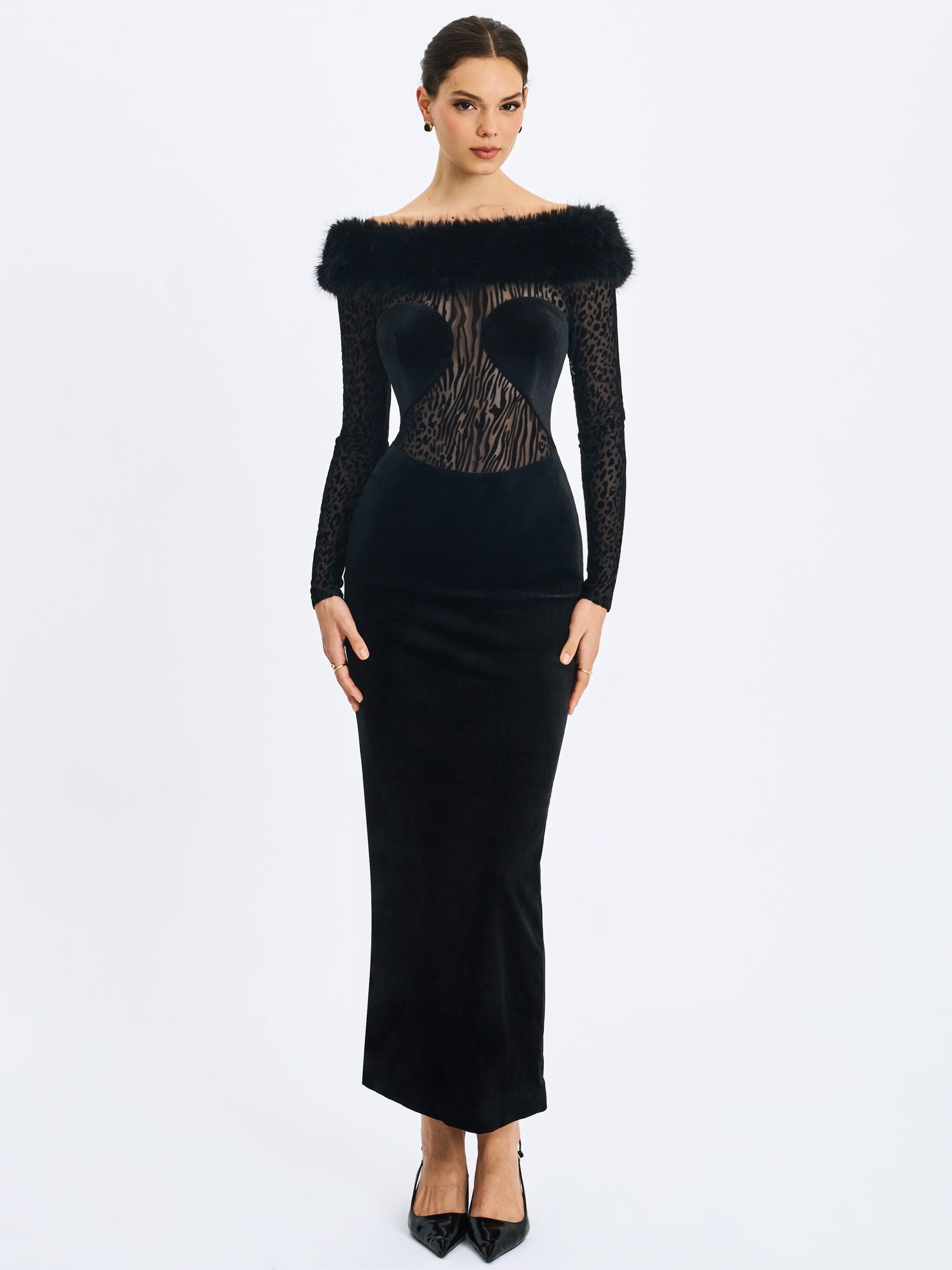 Alexis Velvet Animal Print Fur Boatneck Maxi Dress | Black