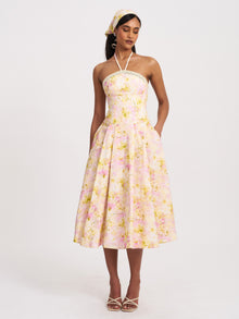 Zaina Floral Print Lace Trim Linen Midi Dress | Yellow and Pink