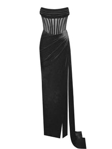 Priya Draping Corset High Slit Velvet Gown | Black