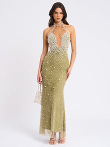BBC Ginny Pearl Embellished Backless Gown | Pear Green