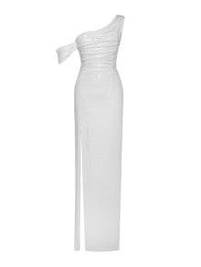 Paget Mesh Rhinestone Embellished High Slit Gown | White
