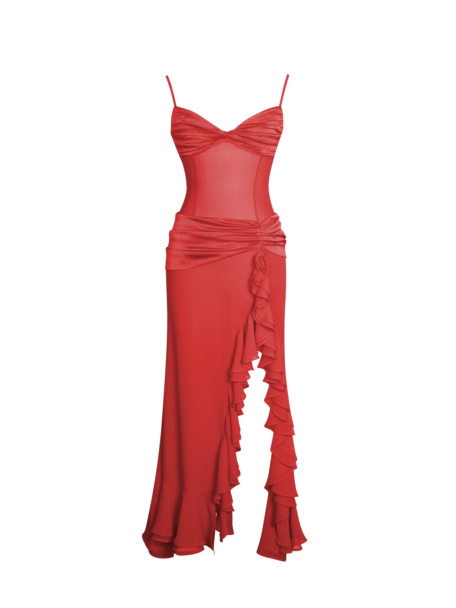 Dahlina Ruched Waist High Slit Midi Dress | Red