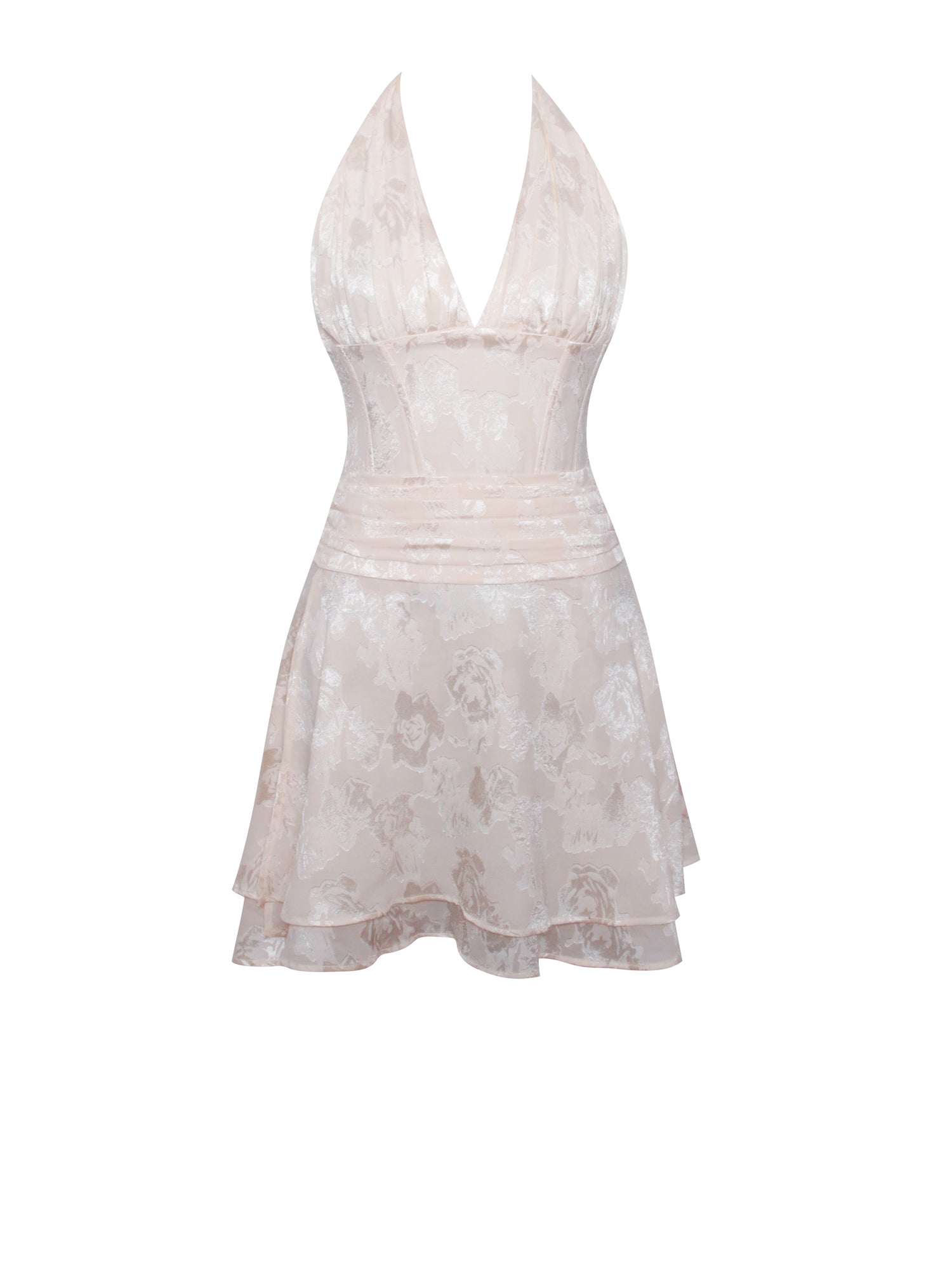 Quintana Jacquard Textured Slit Halter Mini Dress | Beige