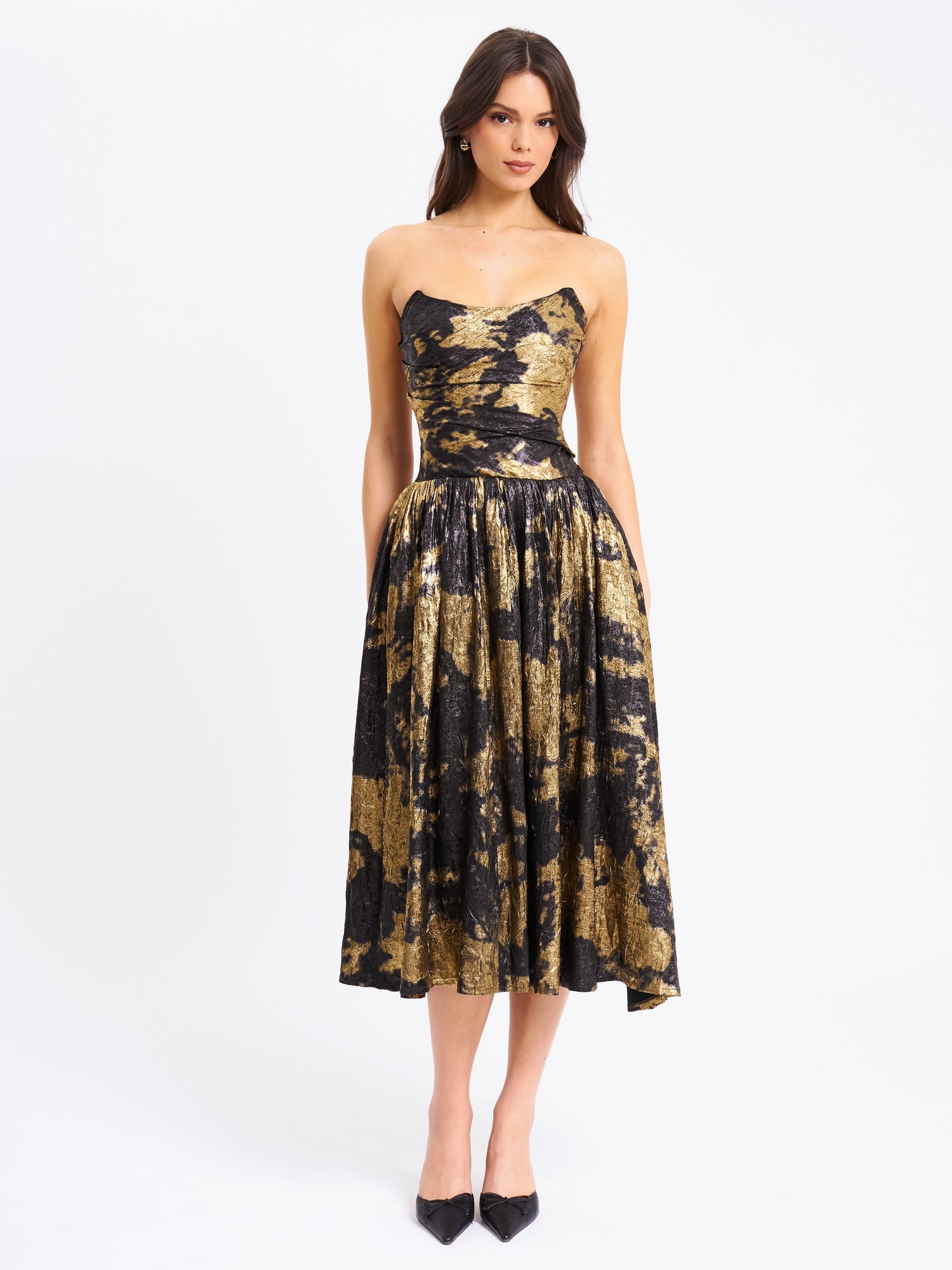 Saanvi Bronzing Strapless Drop Waist Midi Dress | Gold Tie Dye